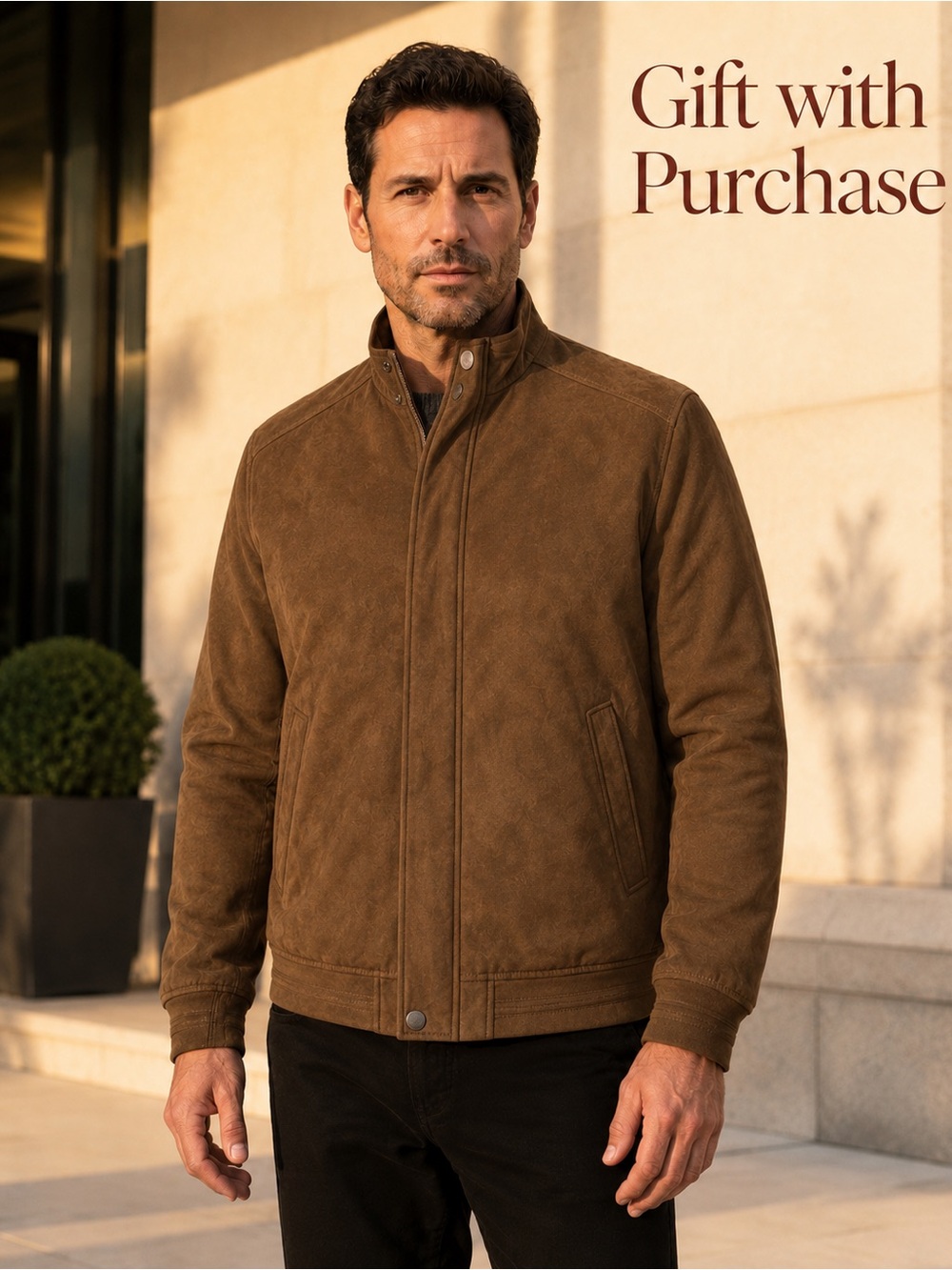 Men's Suede Bomber Jacket in Chestnut Brown